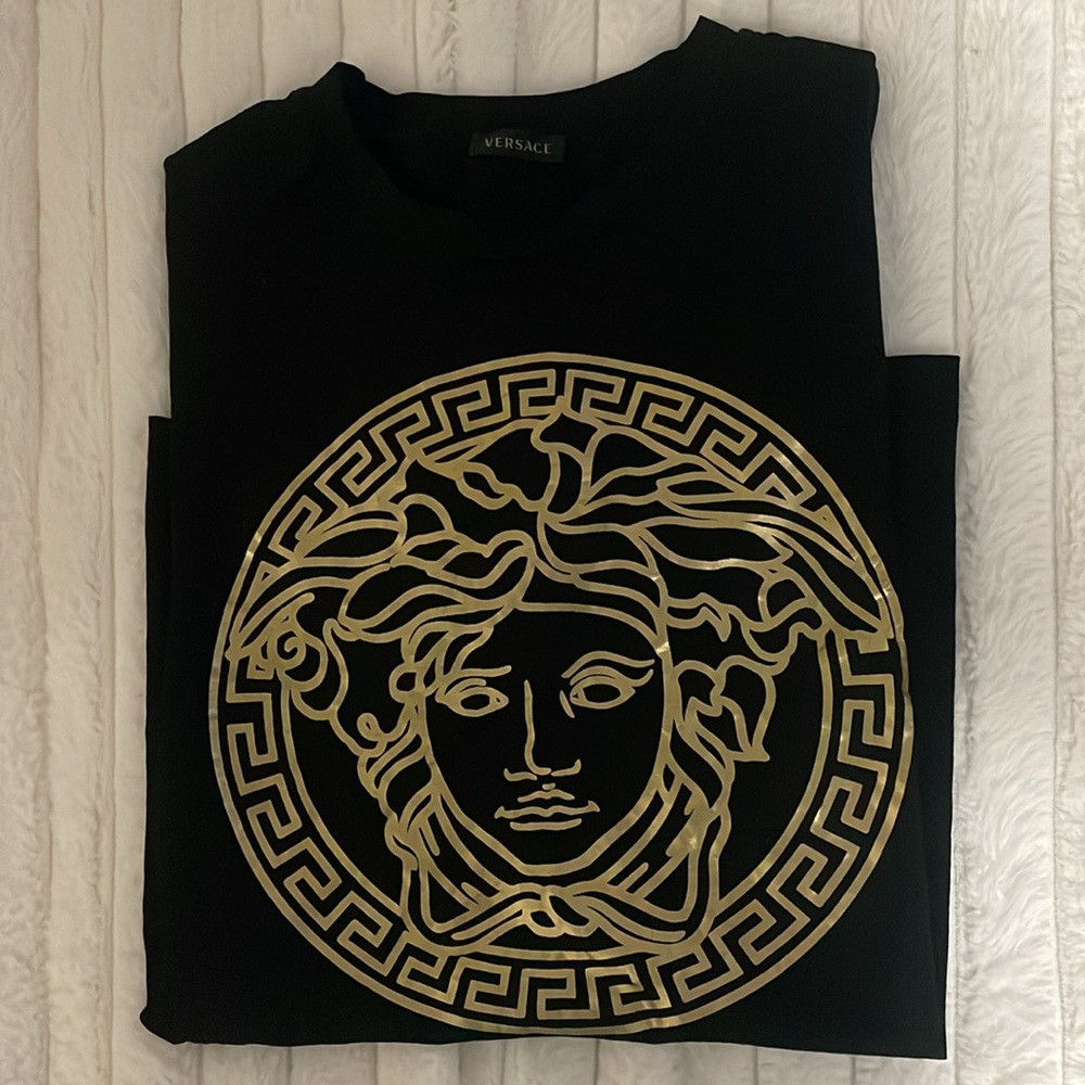 Versace Black Tee with Gold Medusa Emblem